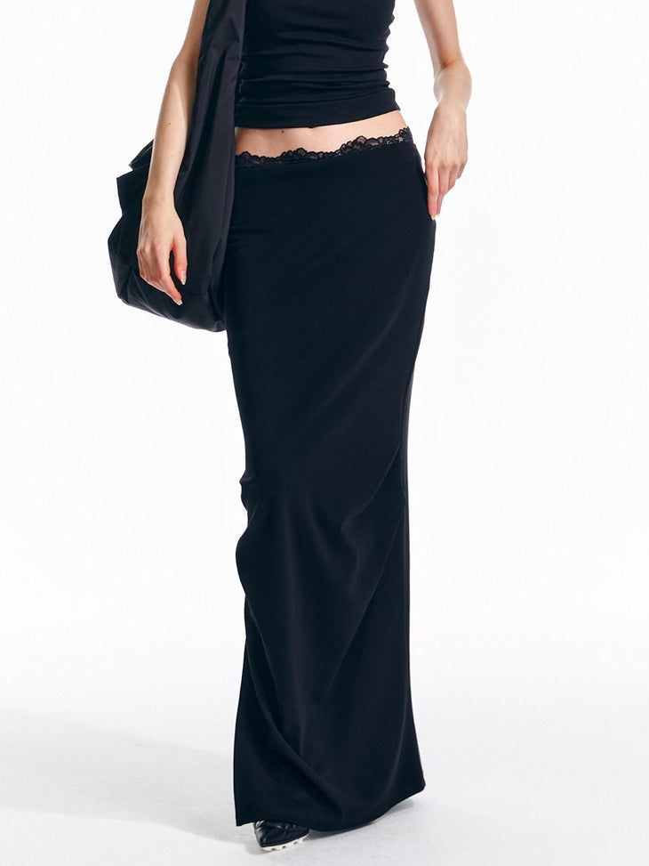 ALINNVSTUDIO Lace Knit Mid Waist Bodycon Slim Fit Youthful Black Grey Maxi Skirts