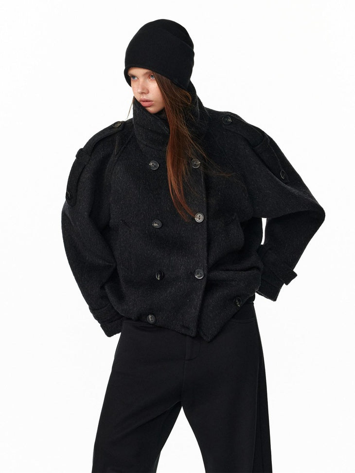 ALINNVSTUDIO Double Breasted Short Loose Lapel Commuter Women Thick Black Gray Wool Coats