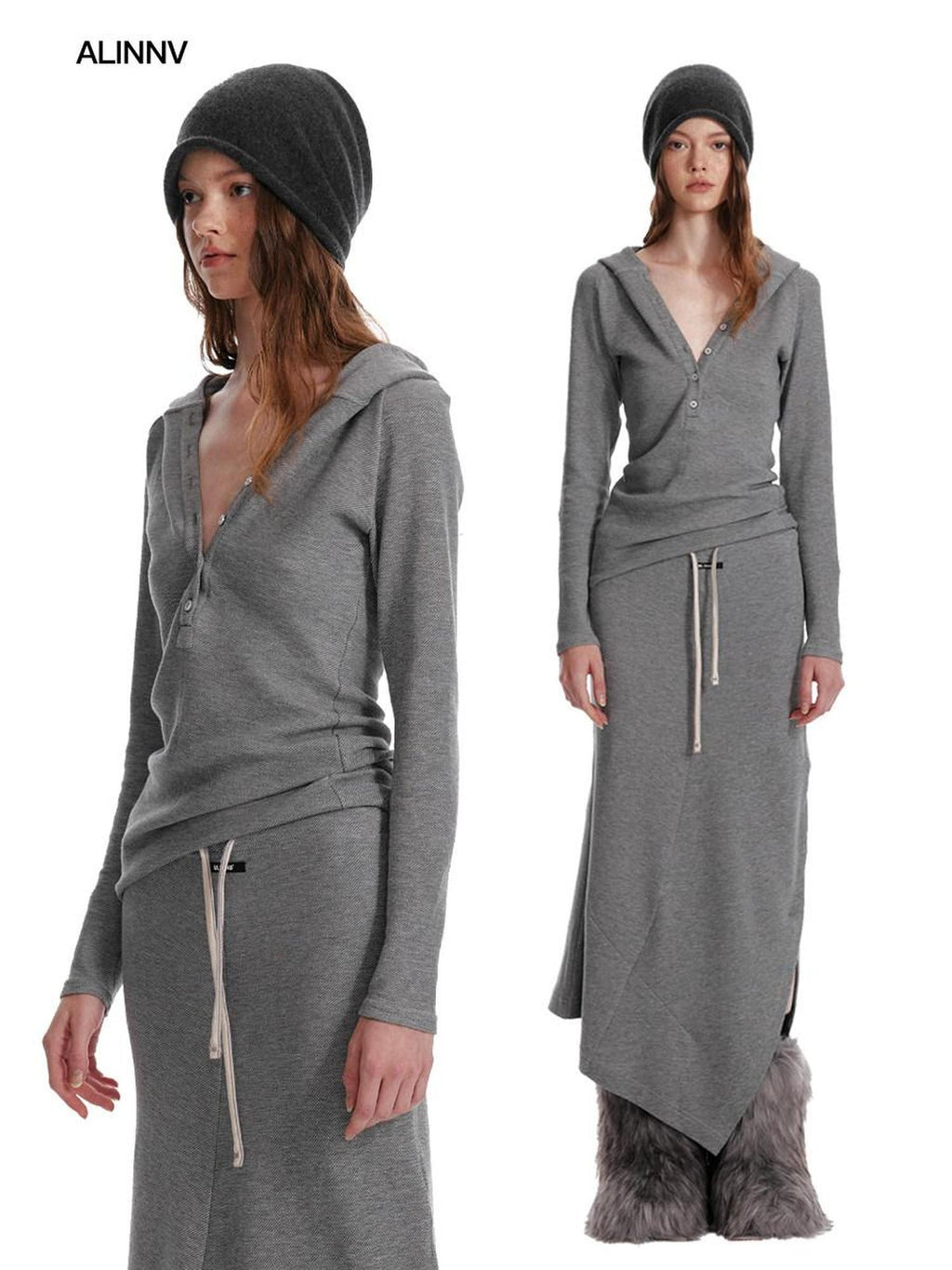 ALINNVSTUDIO Cozy Hooded Long Sleeve Button Front Curved Hem Youth Gray Top & Skirt Sets