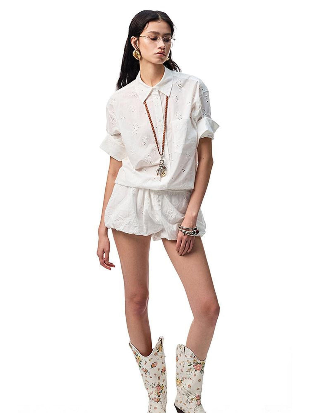 1JINN STUDIO Shape Retention Cotton Jacquard Loose Polo 3 4 Sleeve Women Top & Shorts Sets