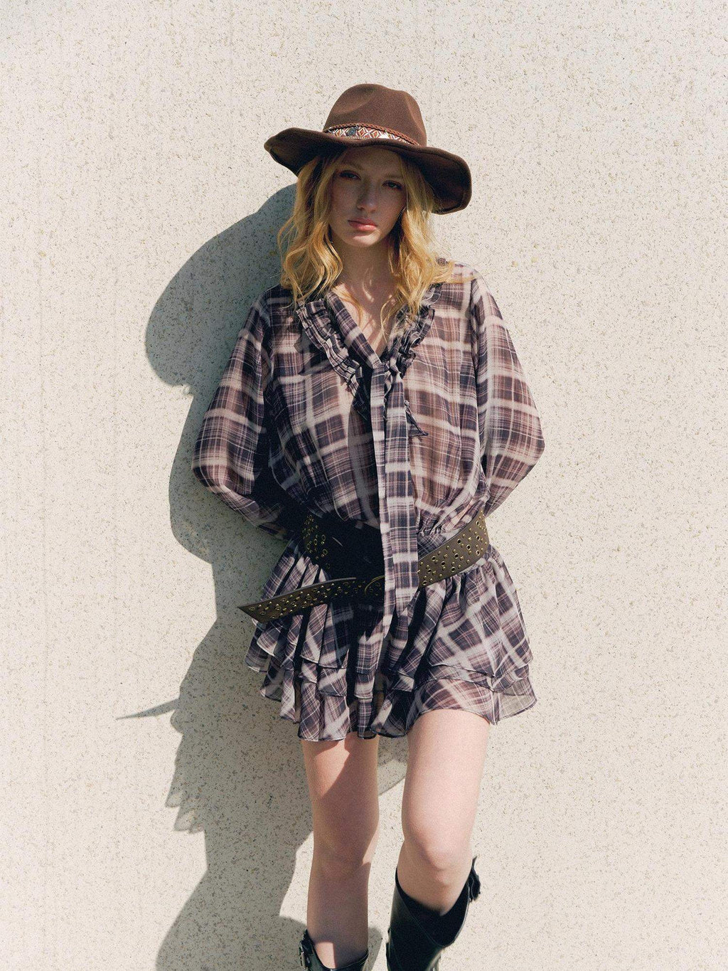 DeleteEx Chic Vintage Asymmetrical V-neck Slim Long Sleeve Plaid Citywalk Mini Dresses