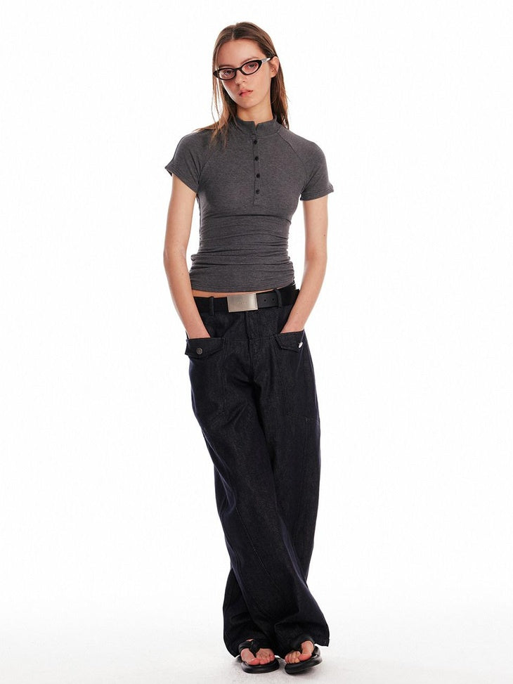 ALINNVSTUDIO Creative Patchwork Slim Fit Cropped Crewneck Striped Gray Short Sleeve T-Shirts