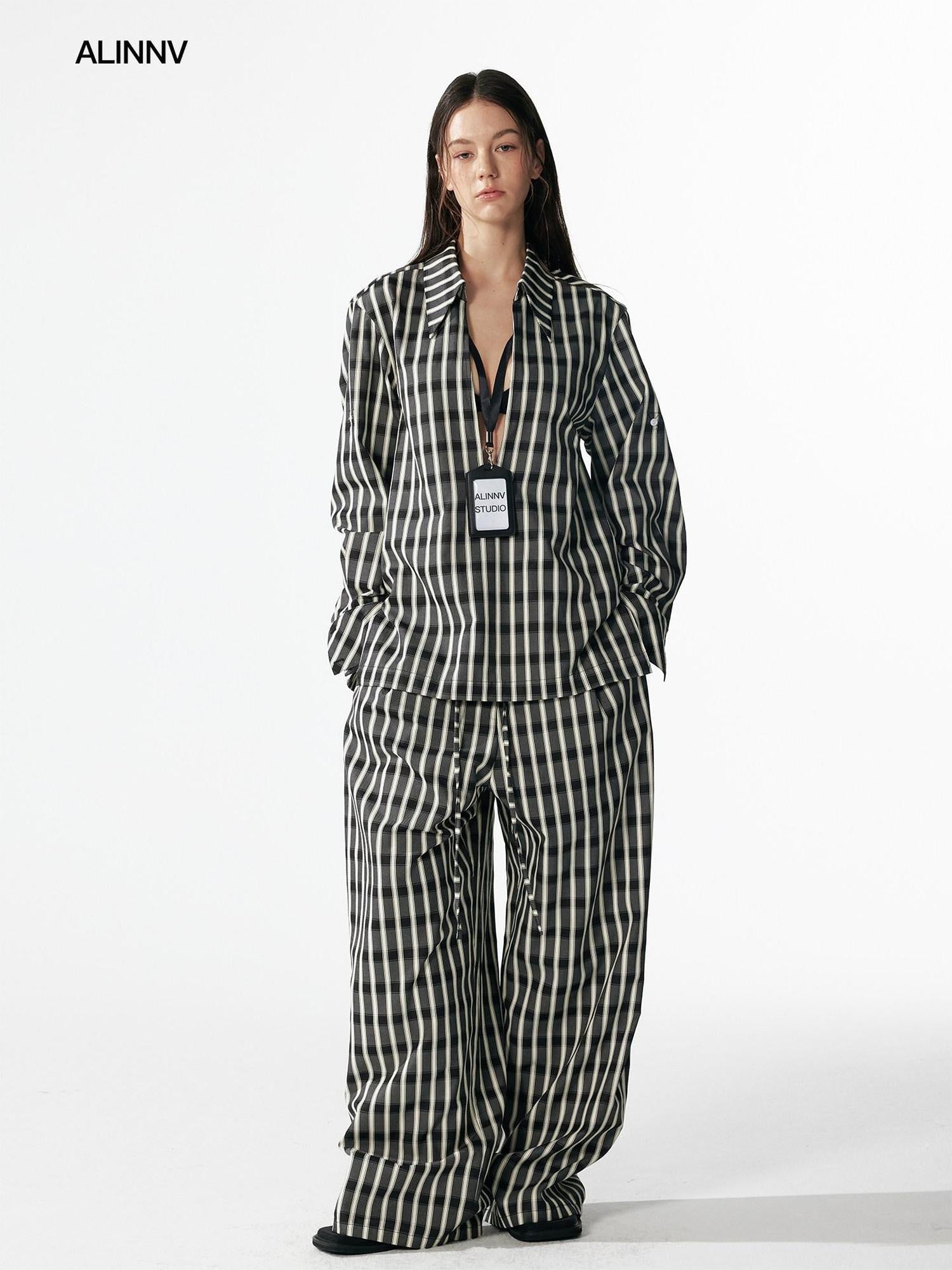 ALINNVSTUDIO Minimalist Loose Fit Square Neck Plaid Pullover Women Top & Pants Sets