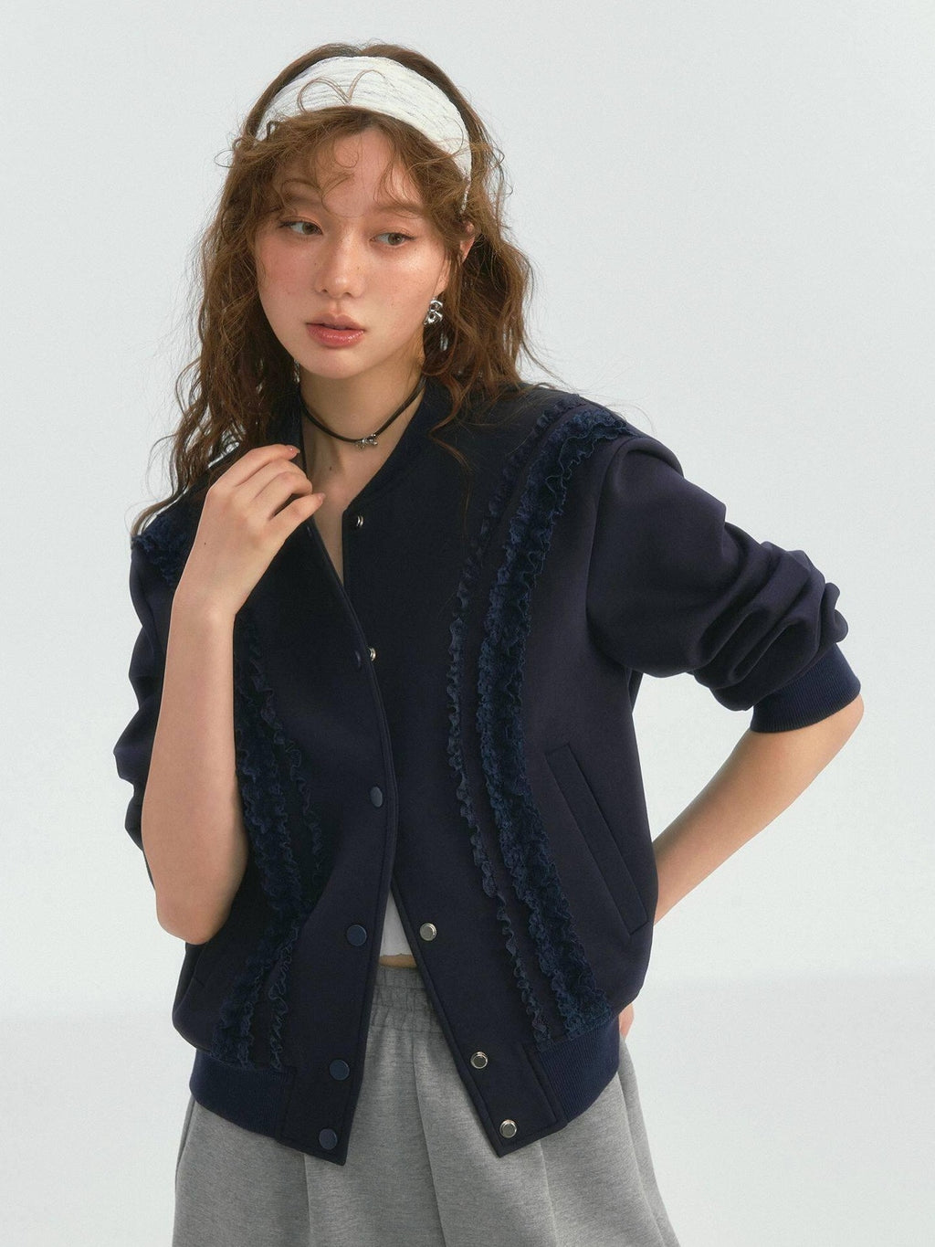 SOMESOWE Lace Trim Loose Fit Commuter Women Button Closure Navy Gray Bomber Jackets