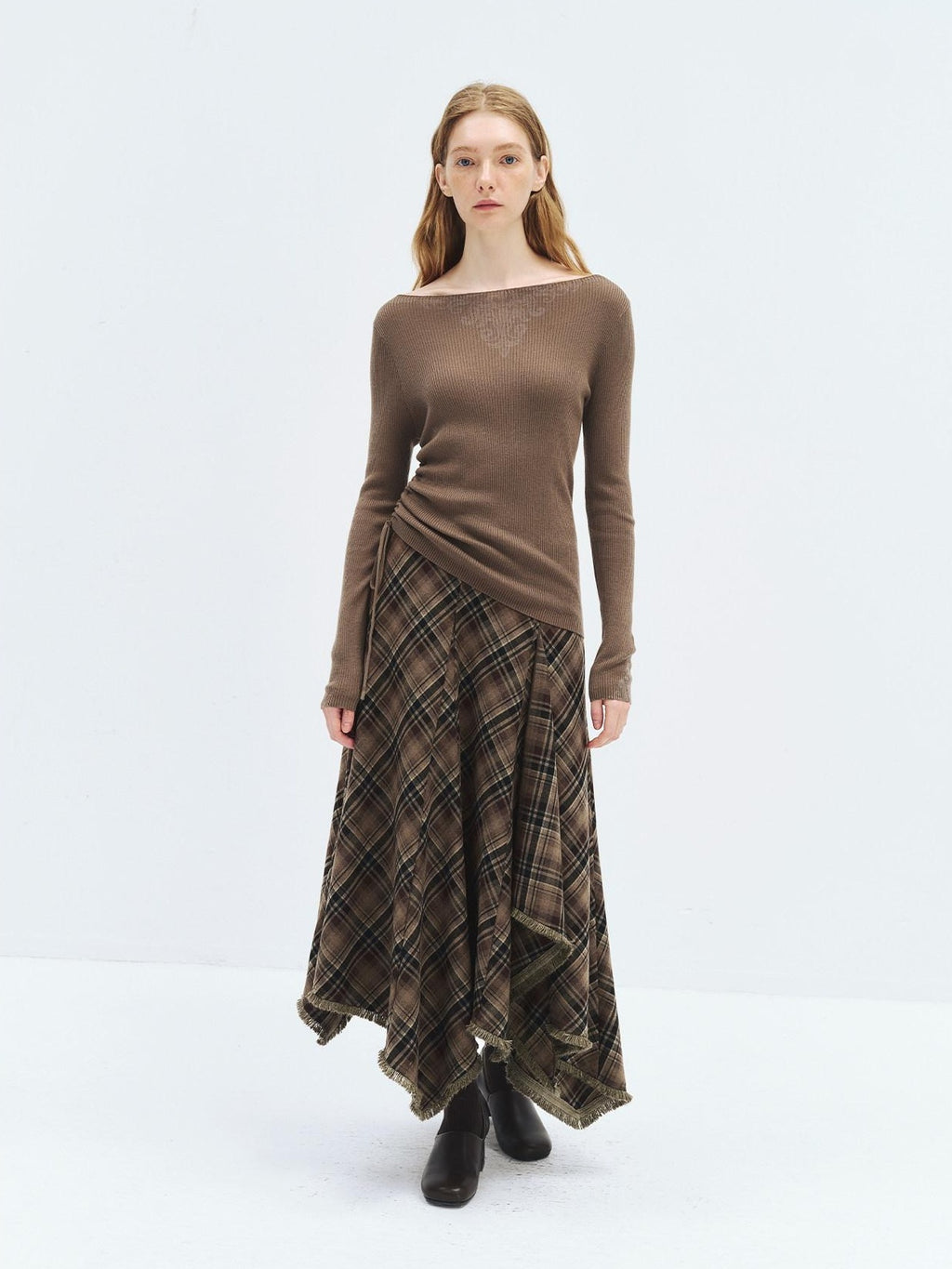 someonesometimes High Waist Vintage Irregular Hem Loose Fit Olive Check Casual Women Maxi Skirts