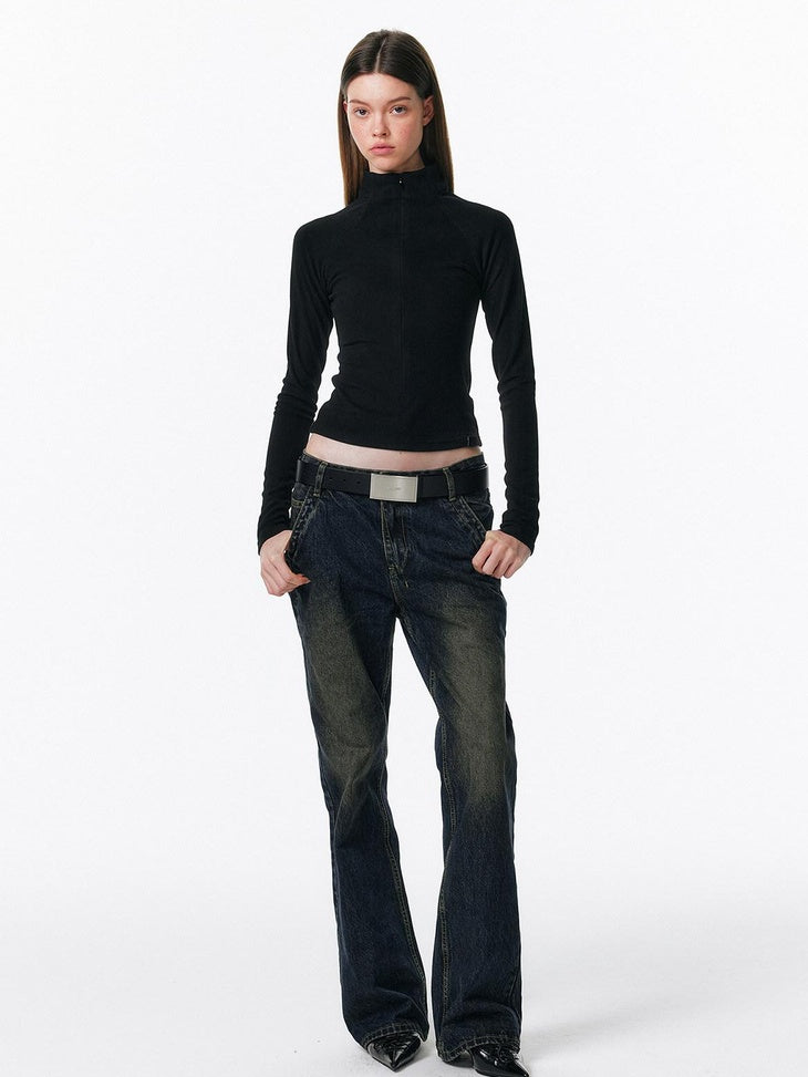 ALINNVSTUDIO Zip Half Collar Slim Commuter Ladies Black Olive Long Sleeve T-Shirts