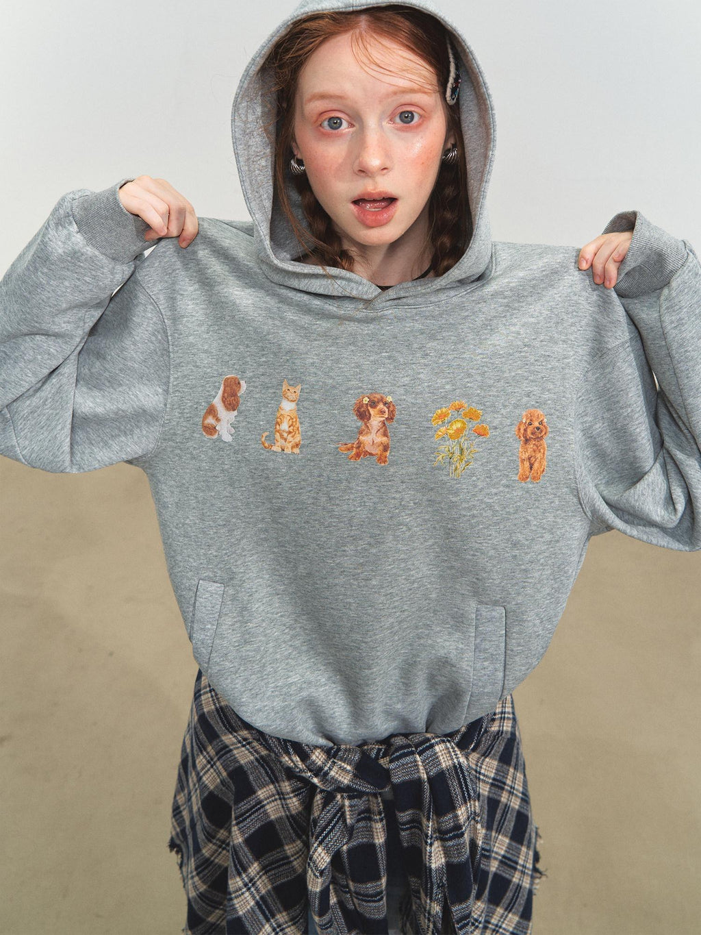 SOMESOWE Cartoon Anime Oversized Hooded Longsleeve Casual Grey Brown Hoodie