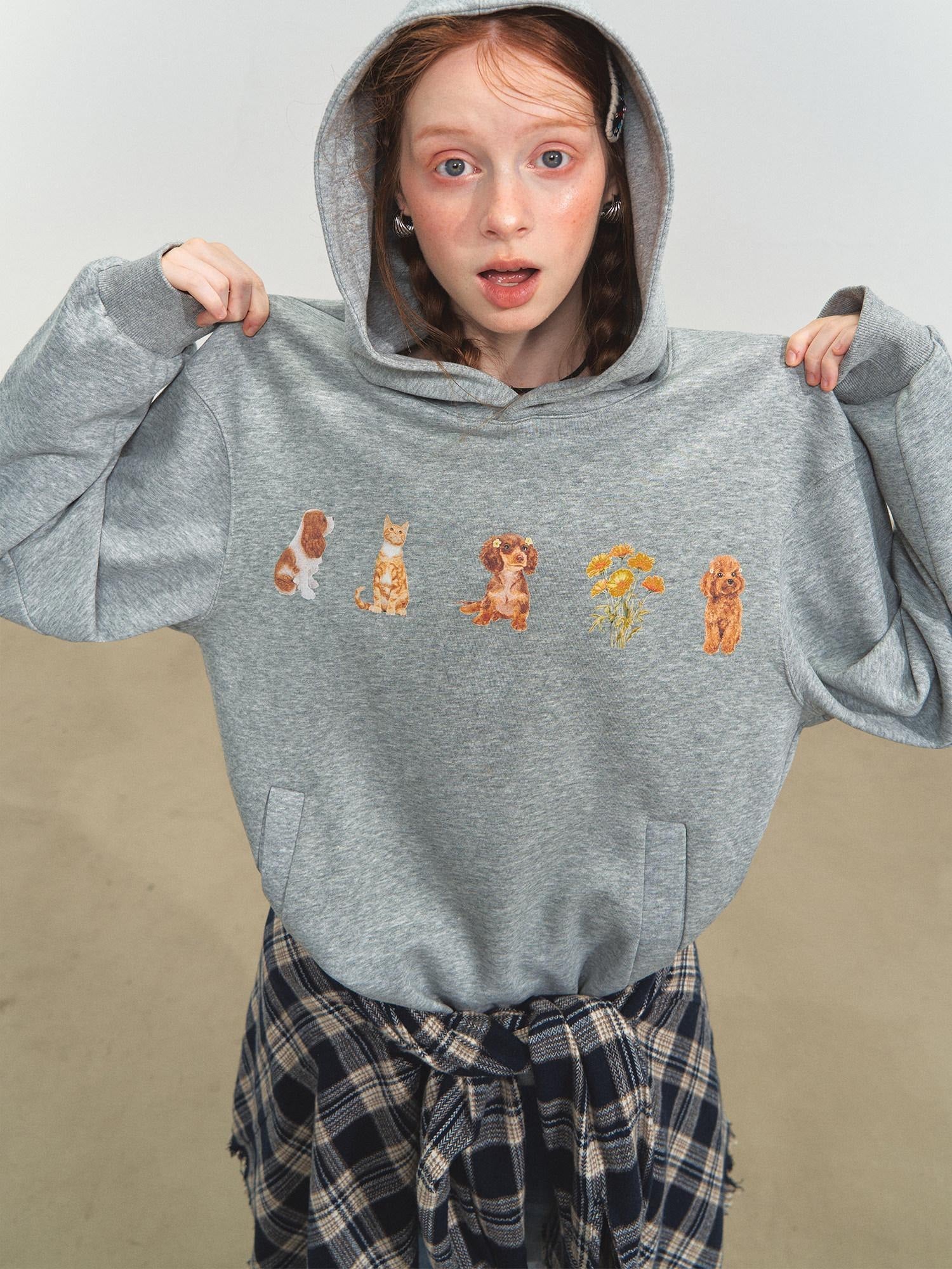 SOMESOWE Cartoon Anime Oversized Hooded Longsleeve Casual Grey Brown Hoodie