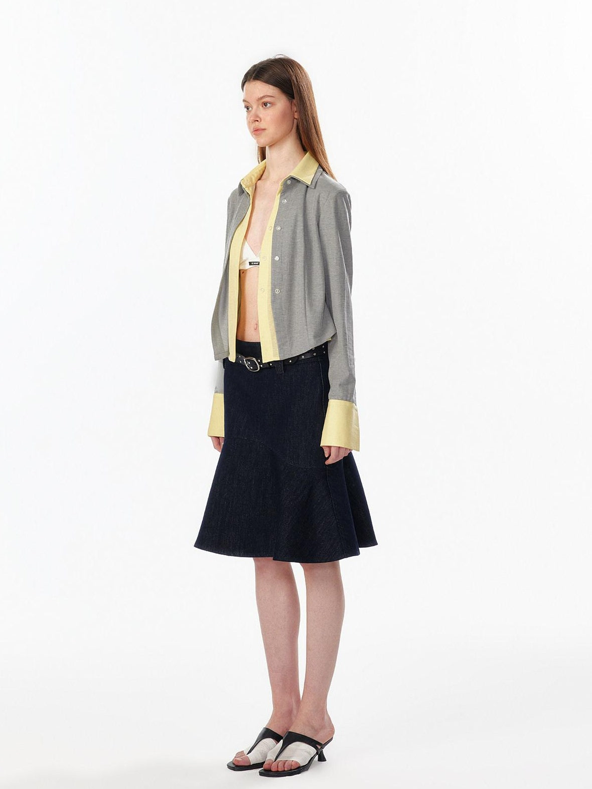 ALINNVSTUDIO Colorblock Faux Layered Slim Waist Cropped Cardigan Longsleeve Womens Shirts