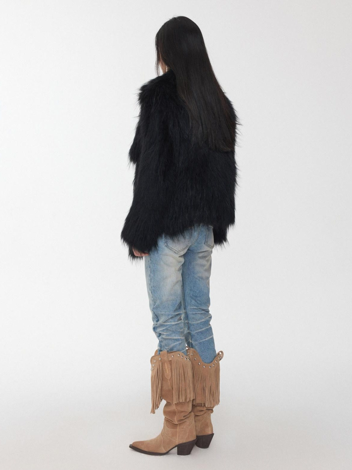 1JINN STUDIO Cozy Woven Cropped Cinched Waist Lapel Long Sleeve Young Women Faux Fur Coats
