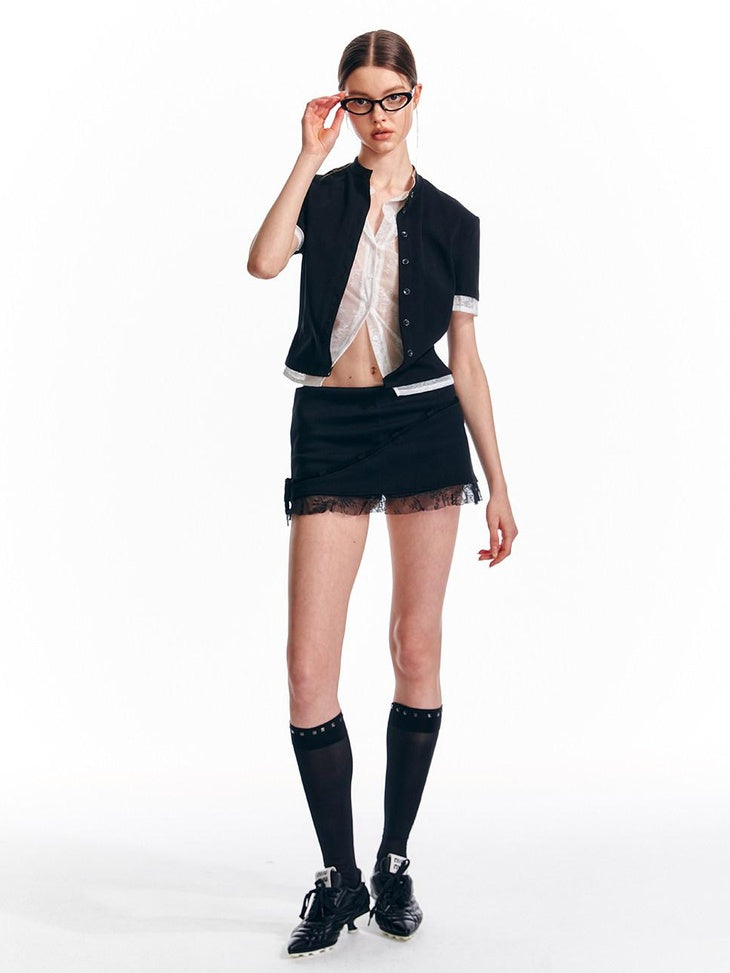 ALINNVSTUDIO Cropped Slim Fit Black White Contrast Patchwork Edgy Women Short Sleeve T-Shirts