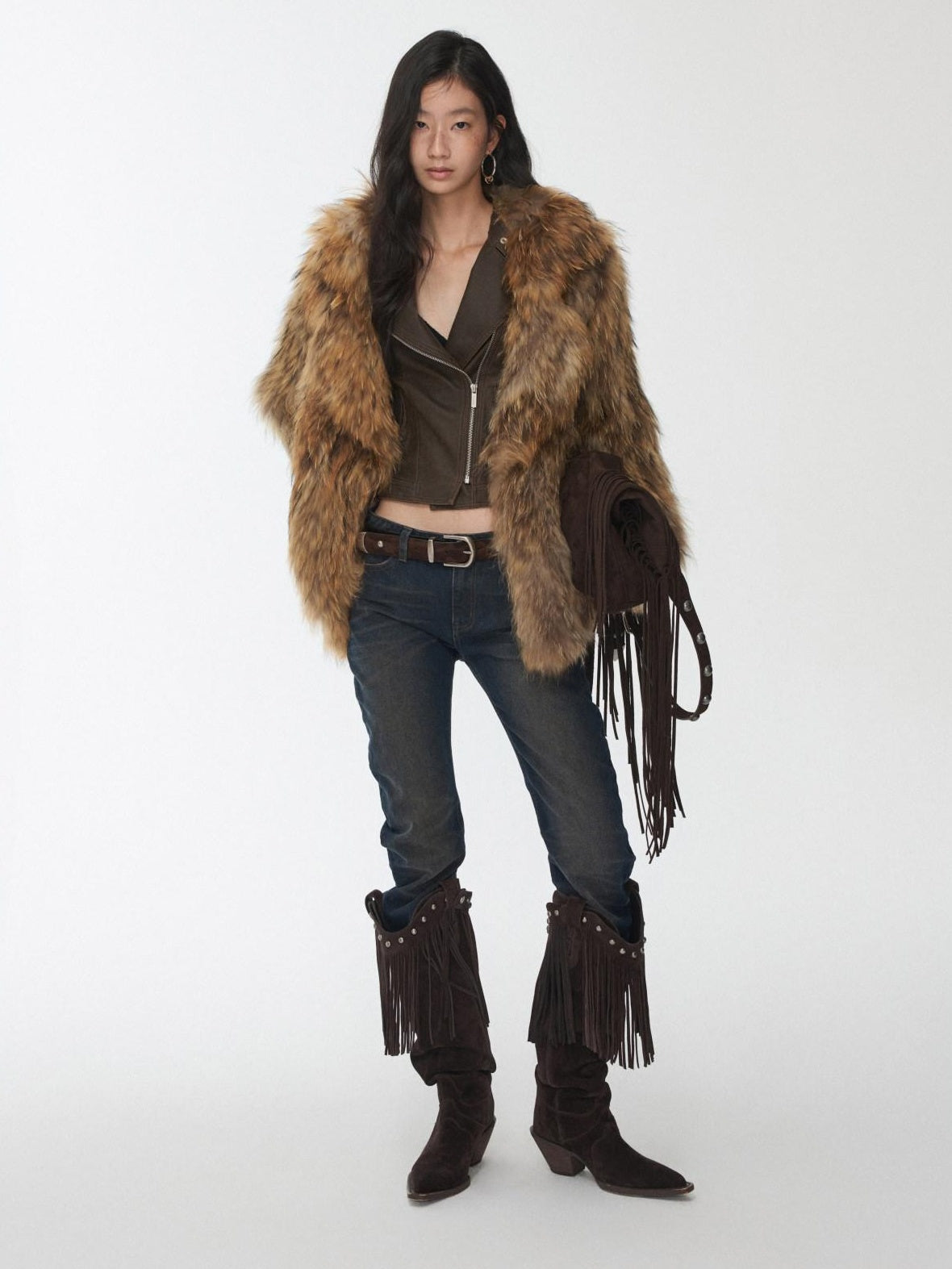 1JINN STUDIO Cozy Woven Cropped Cinched Waist Lapel Long Sleeve Young Women Faux Fur Coats