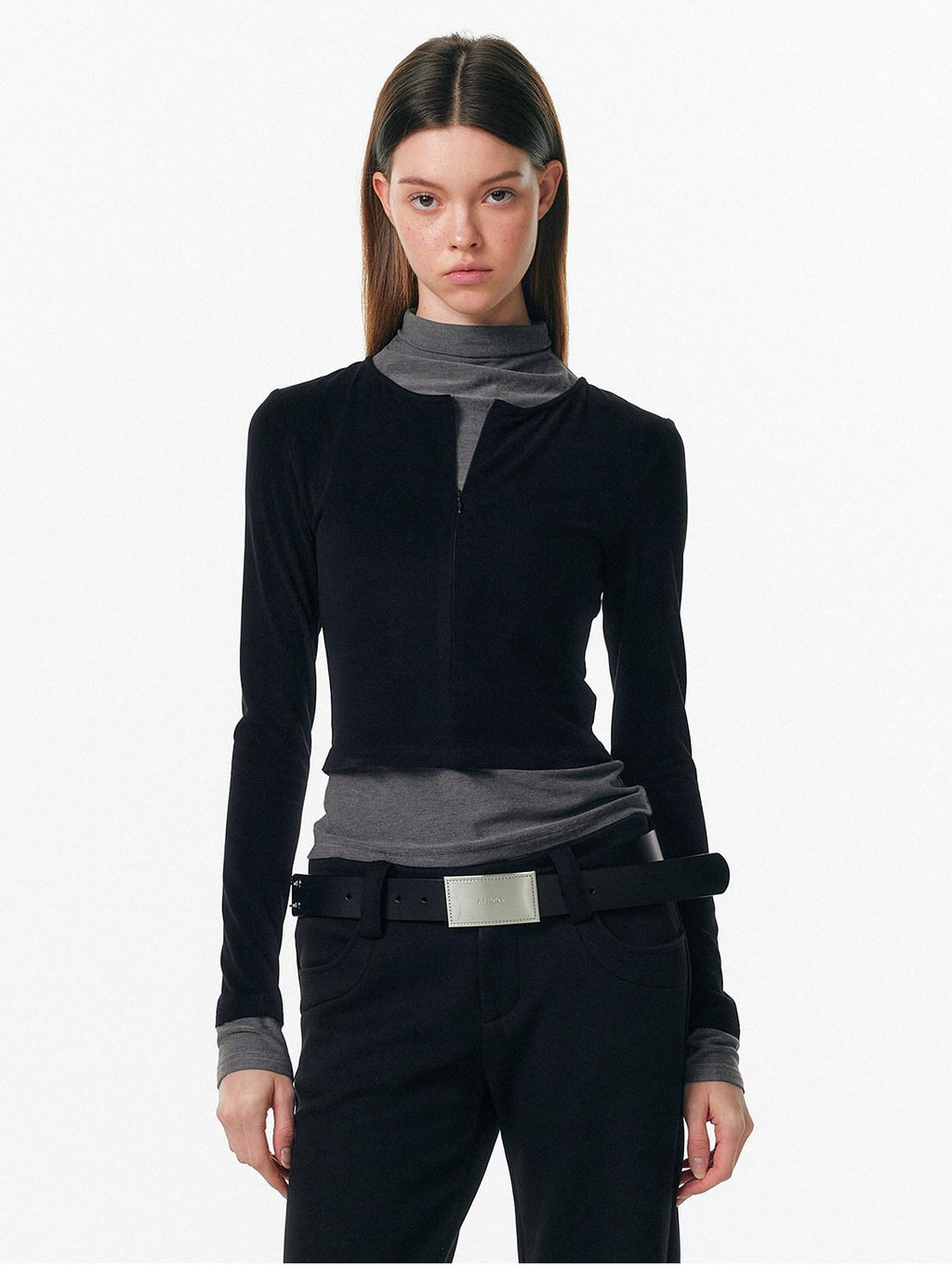 ALINNVSTUDIO Soft Zipper Slim Fit Short Collar Office Ladies Contrast Long Sleeve T-Shirts