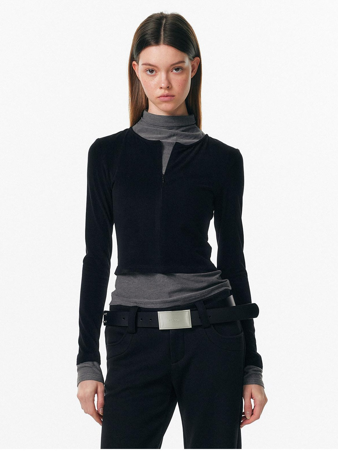 ALINNVSTUDIO Soft Zipper Slim Fit Short Collar Office Ladies Contrast Long Sleeve T-Shirts