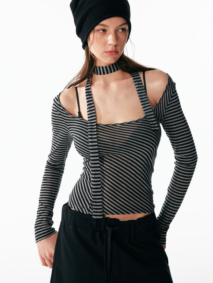ALINNVSTUDIO Wool Blend Slim Fit Cropped Crewneck Striped Women Long Sleeve T-Shirts
