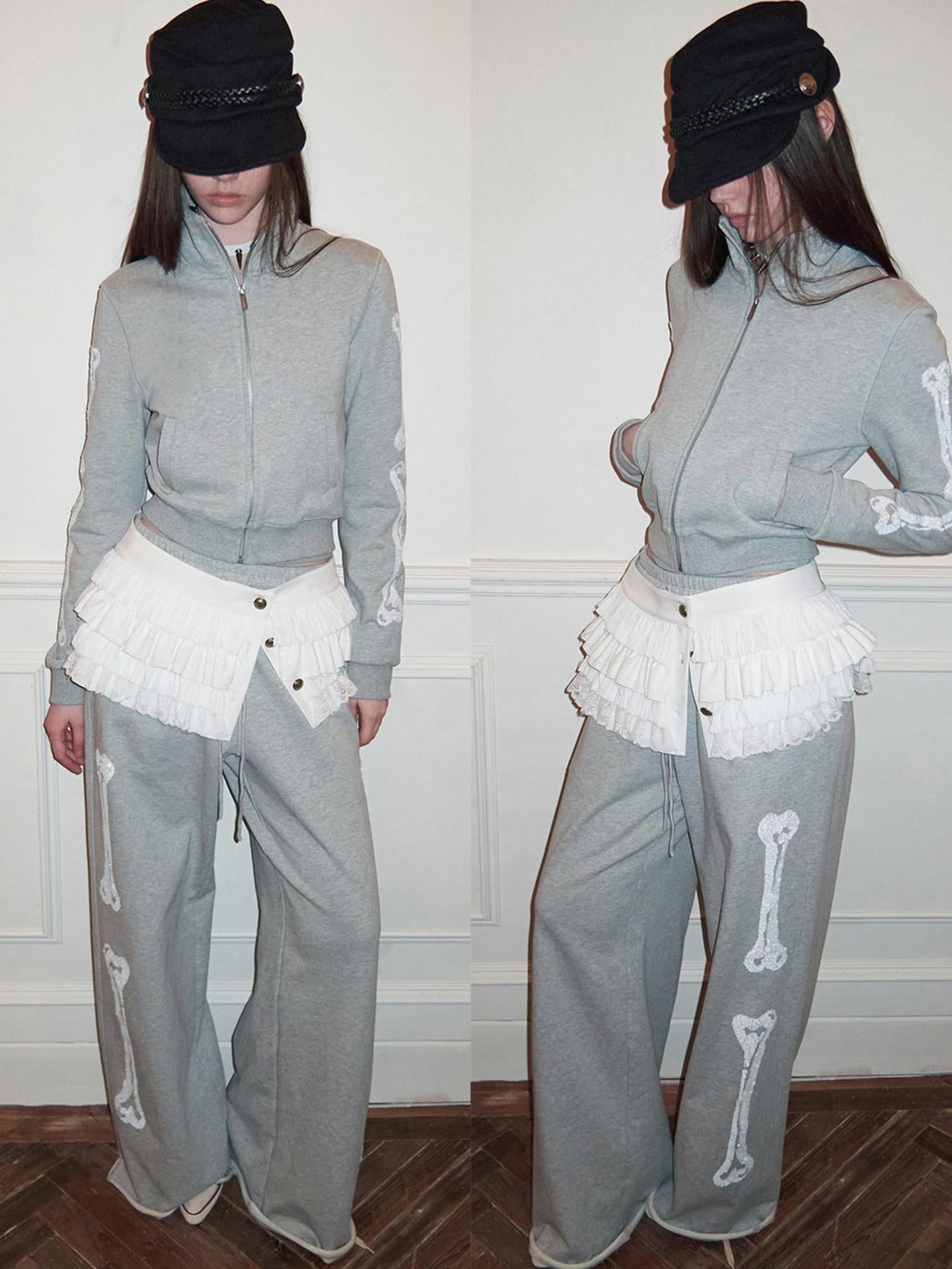 1JINN STUDIO 100% Cotton Casual Stand Collar Zip Crop Top Women Jogger Pants Top & Pants Sets