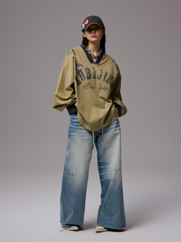 1JINN STUDIO 100% Cotton Loose V-neck Long Sleeve Office Yellow Plaid Oversized T-Shirts