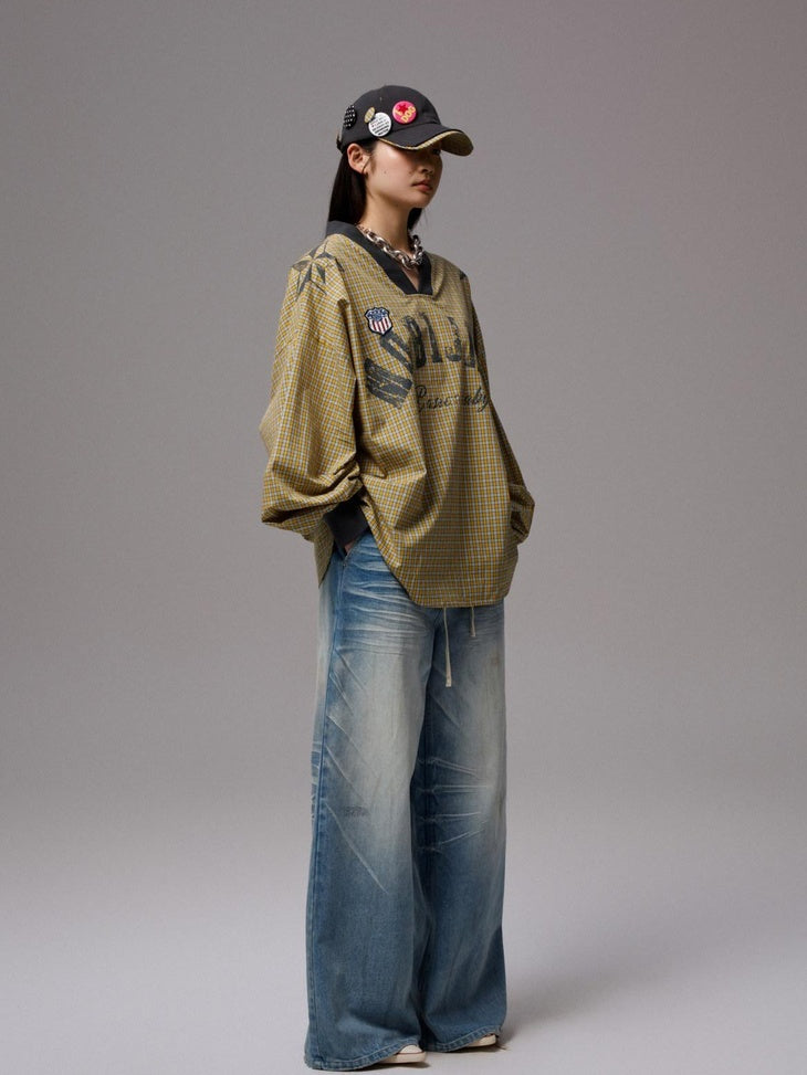 1JINN STUDIO 100% Cotton Loose V-neck Long Sleeve Office Yellow Plaid Oversized T-Shirts