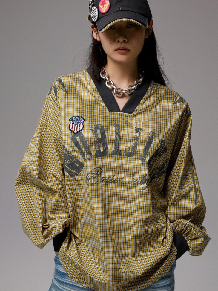 1JINN STUDIO 100% Cotton Loose V-neck Long Sleeve Office Yellow Plaid Oversized T-Shirts