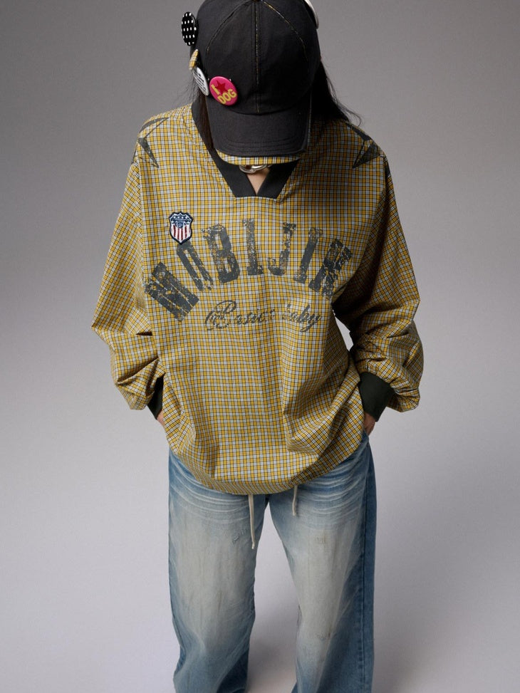 1JINN STUDIO 100% Cotton Loose V-neck Long Sleeve Office Yellow Plaid Oversized T-Shirts