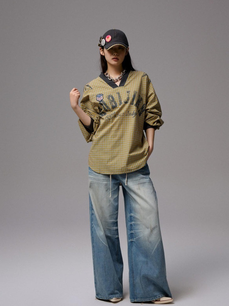 1JINN STUDIO 100% Cotton Loose V-neck Long Sleeve Office Yellow Plaid Oversized T-Shirts