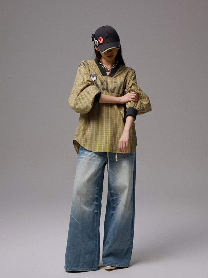 1JINN STUDIO 100% Cotton Loose V-neck Long Sleeve Office Yellow Plaid Oversized T-Shirts