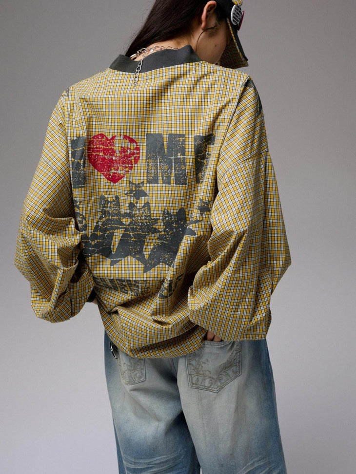 1JINN STUDIO 100% Cotton Loose V-neck Long Sleeve Office Yellow Plaid Oversized T-Shirts