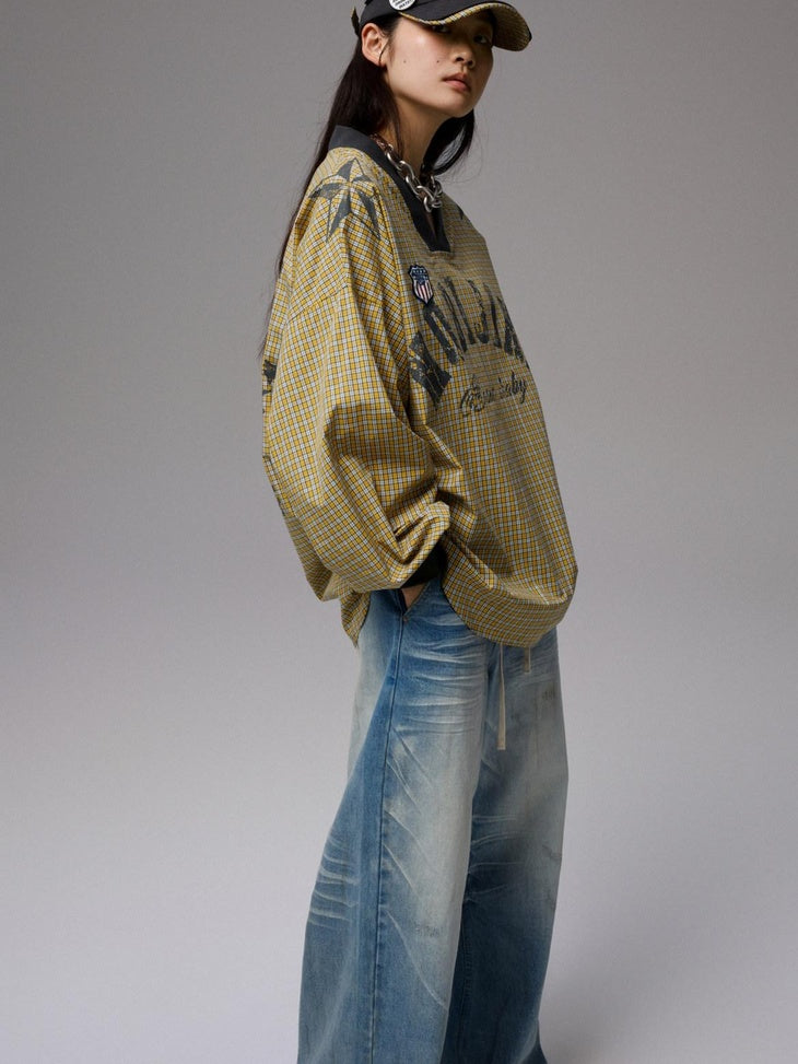 1JINN STUDIO 100% Cotton Loose V-neck Long Sleeve Office Yellow Plaid Oversized T-Shirts