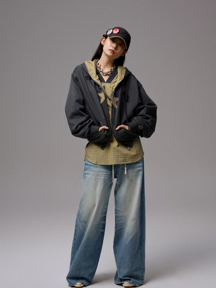 1JINN STUDIO 100% Cotton Loose V-neck Long Sleeve Office Yellow Plaid Oversized T-Shirts