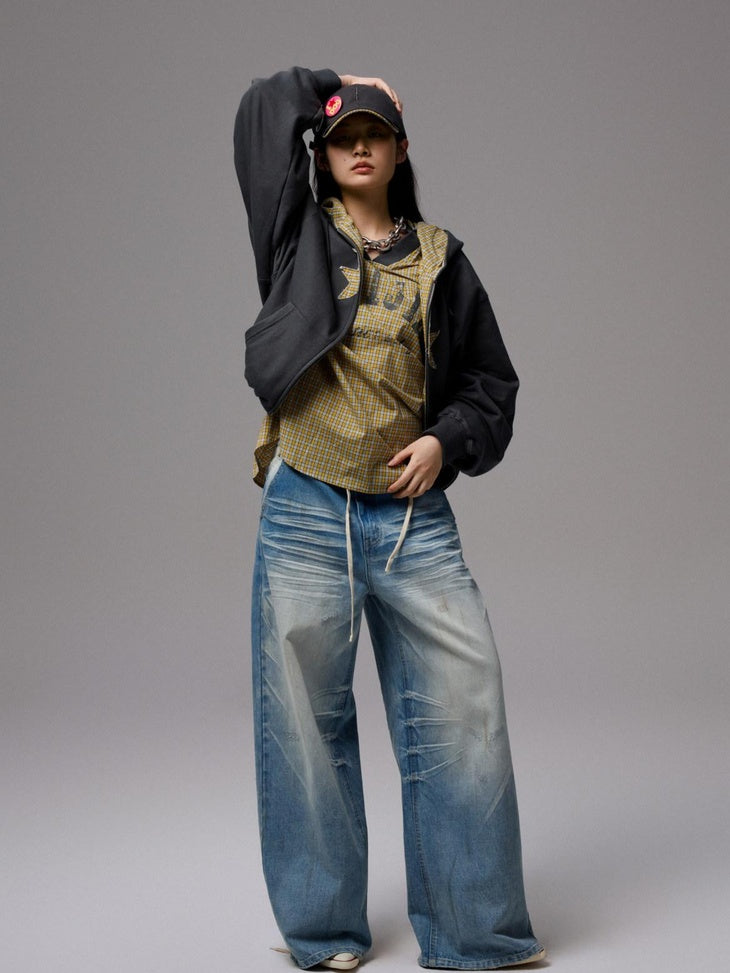 1JINN STUDIO 100% Cotton Loose V-neck Long Sleeve Office Yellow Plaid Oversized T-Shirts