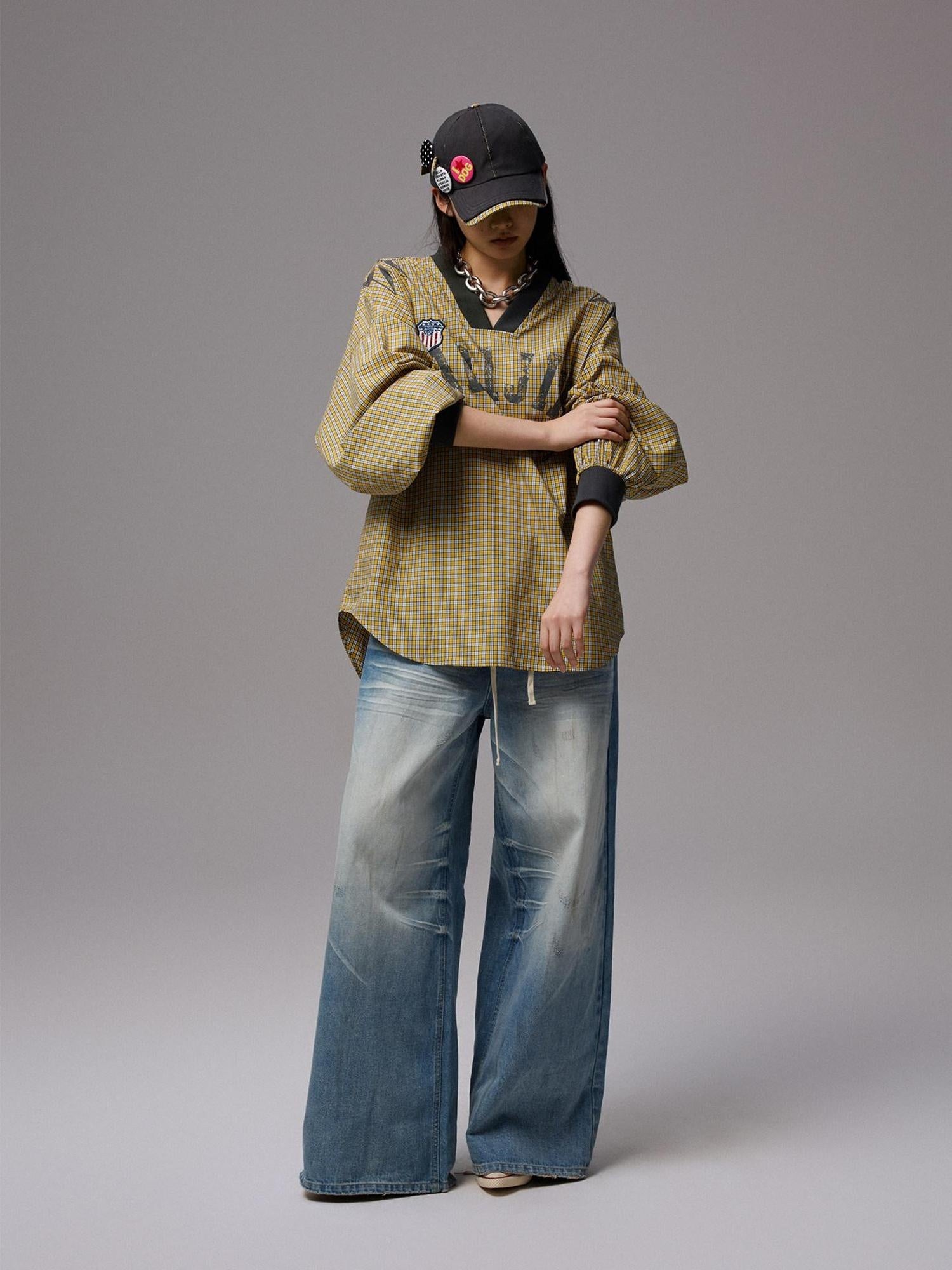 1JINN STUDIO 100% Cotton Loose V-neck Long Sleeve Office Yellow Plaid Oversized T-Shirts