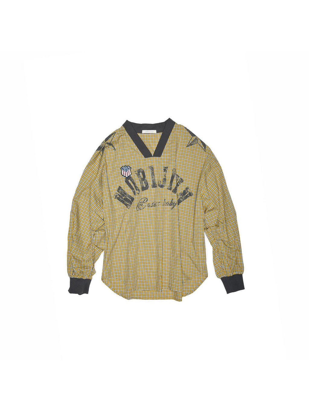 1JINN STUDIO 100% Cotton Loose V-neck Long Sleeve Office Yellow Plaid Oversized T-Shirts