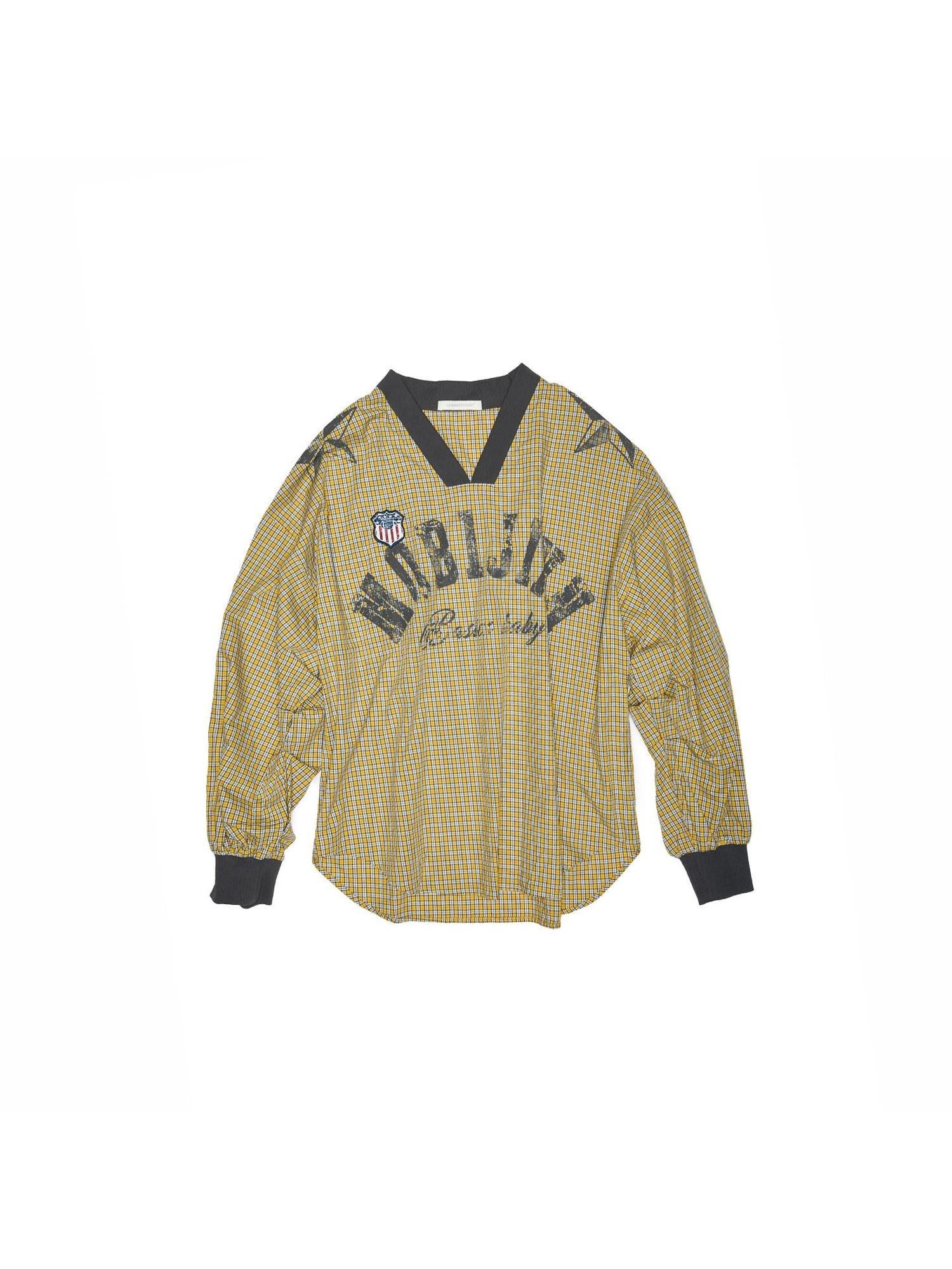 1JINN STUDIO 100% Cotton Loose V-neck Long Sleeve Office Yellow Plaid Oversized T-Shirts