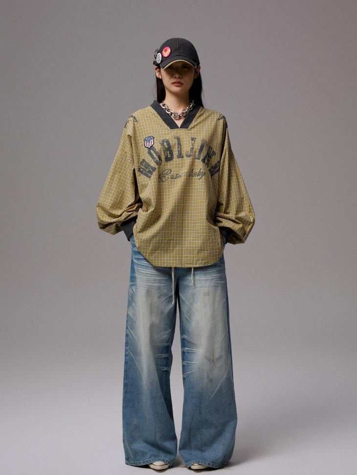 1JINN STUDIO 100% Cotton Loose V-neck Long Sleeve Office Yellow Plaid Oversized T-Shirts