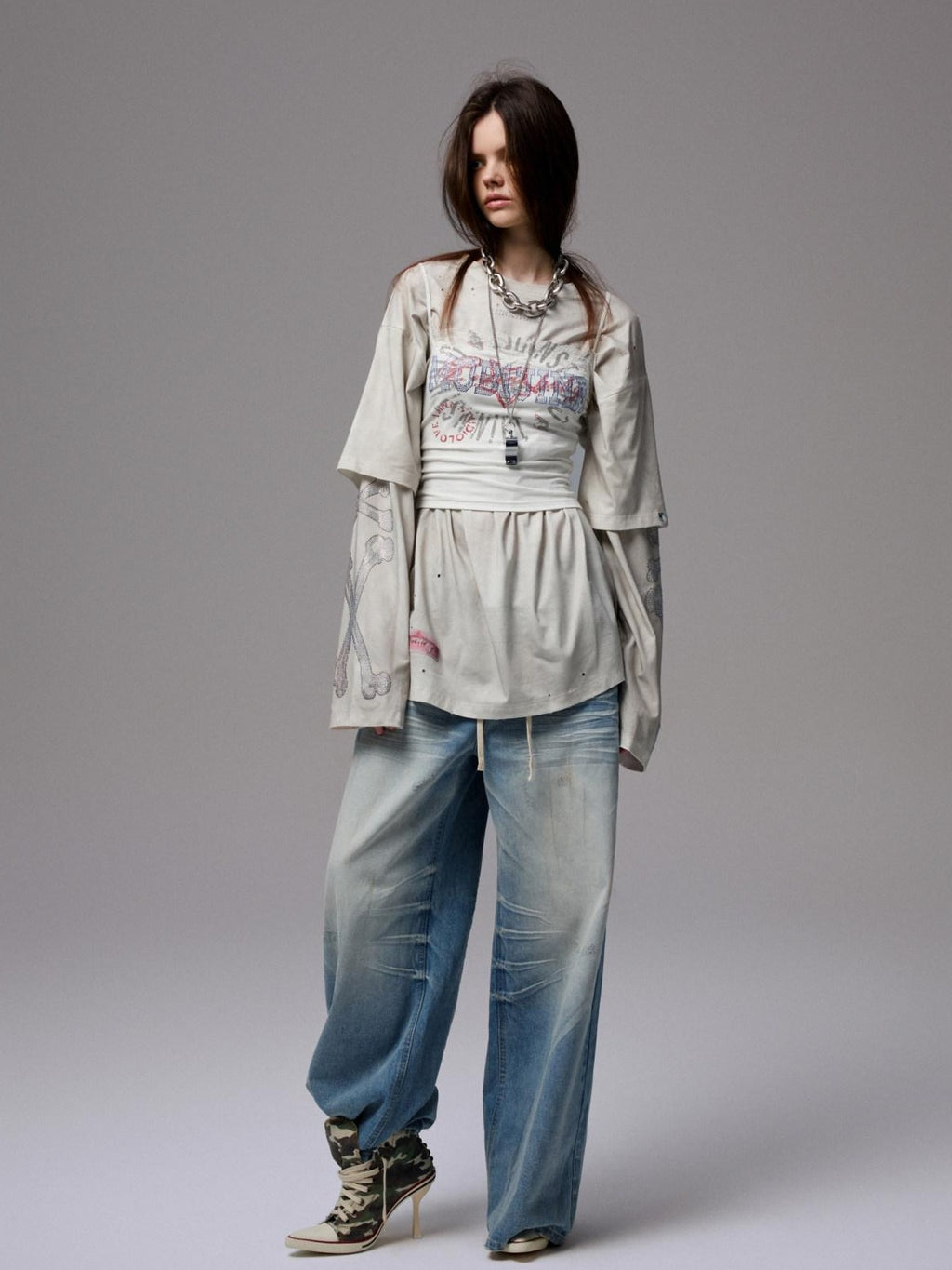 1JINN STUDIO 100% Cotton Sweat Wicking Loose Patchwork Rhinestone Women Long Sleeve T-Shirts