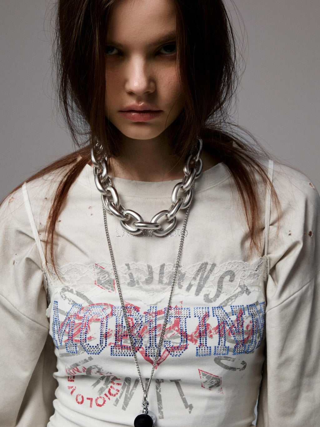 1JINN STUDIO 100% Cotton Sweat Wicking Loose Patchwork Rhinestone Women Long Sleeve T-Shirts