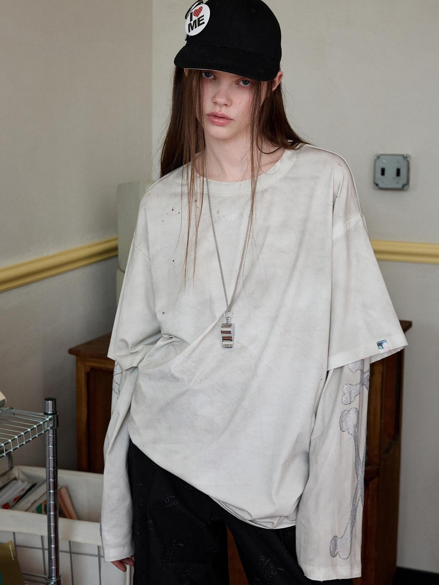 1JINN STUDIO 100% Cotton Sweat Wicking Loose Patchwork Rhinestone Women Long Sleeve T-Shirts