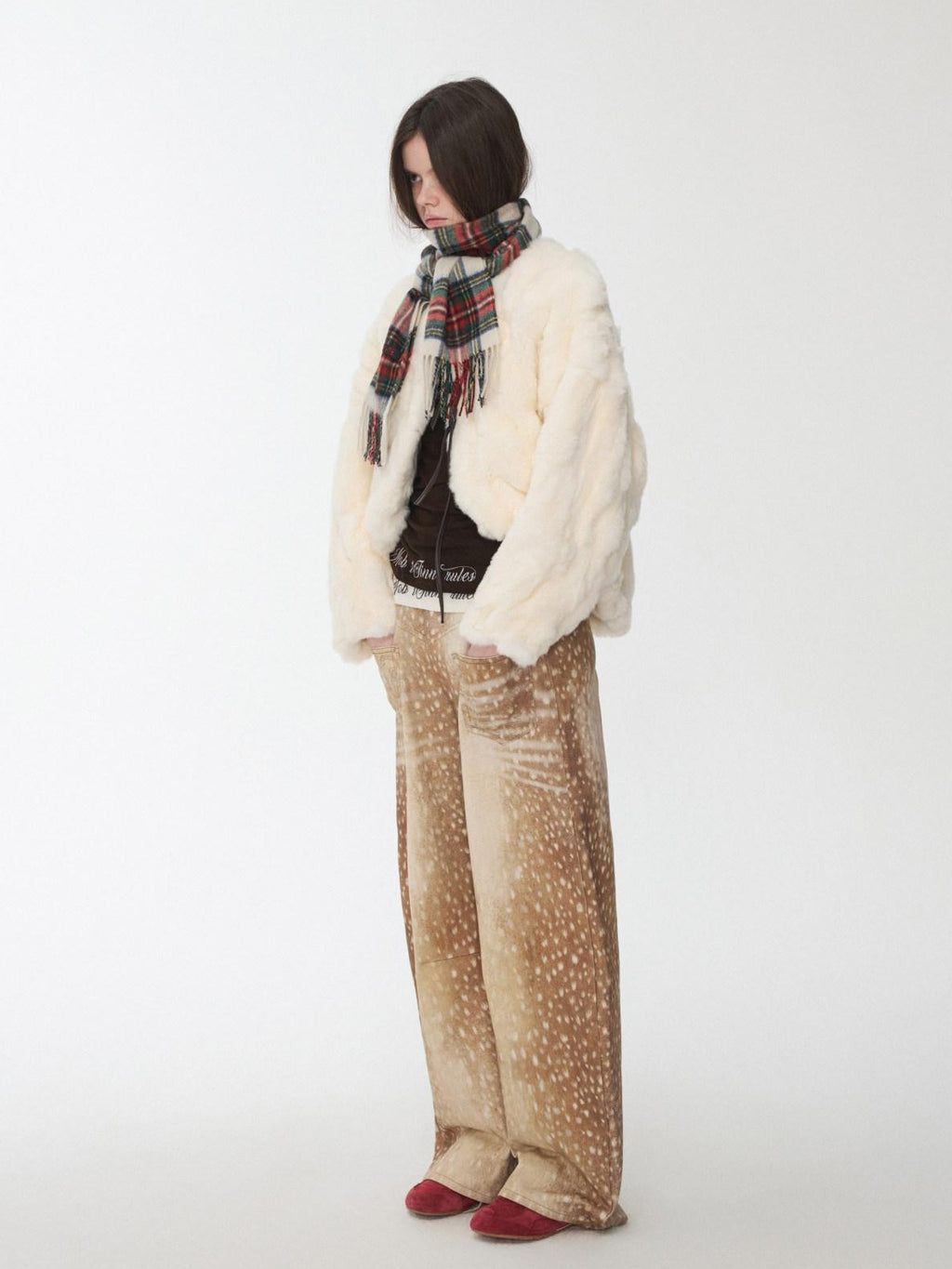 1JINN STUDIO 100 Percent Rabbit Fur Loose Short Crew Neck Women Off White Faux Fur Coats