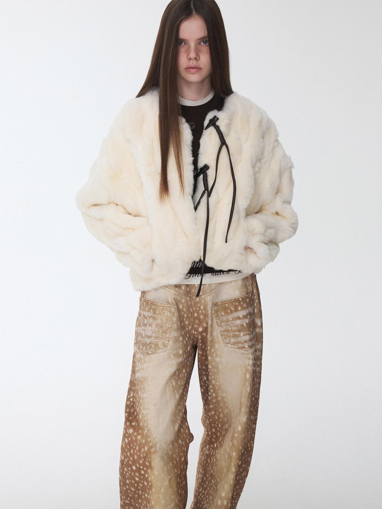 1JINN STUDIO 100 Percent Rabbit Fur Loose Short Crew Neck Women Off White Faux Fur Coats