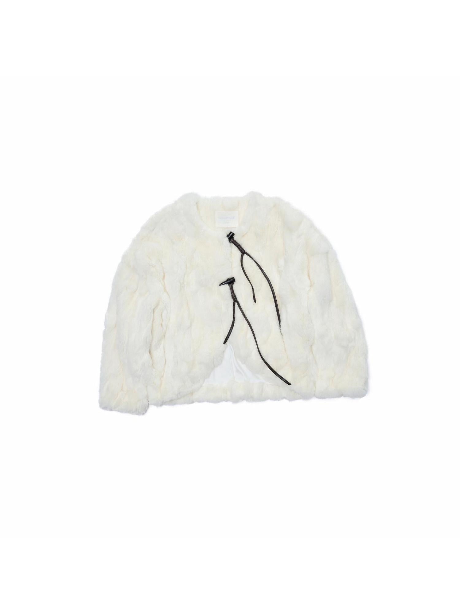 1JINN STUDIO 100 Percent Rabbit Fur Loose Short Crew Neck Women Off White Faux Fur Coats