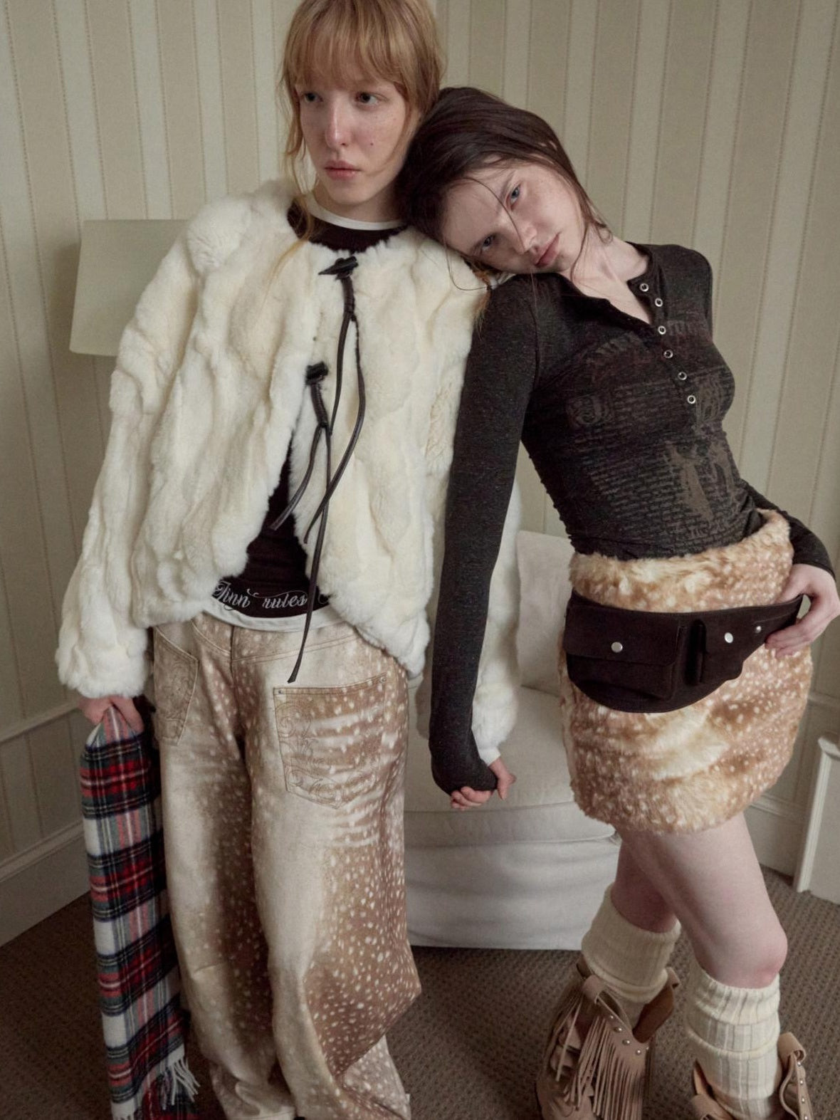 1JINN STUDIO 100 Percent Rabbit Fur Loose Short Crew Neck Women Off White Faux Fur Coats