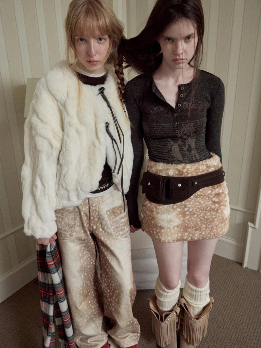 1JINN STUDIO 100 Percent Rabbit Fur Loose Short Crew Neck Women Off White Faux Fur Coats
