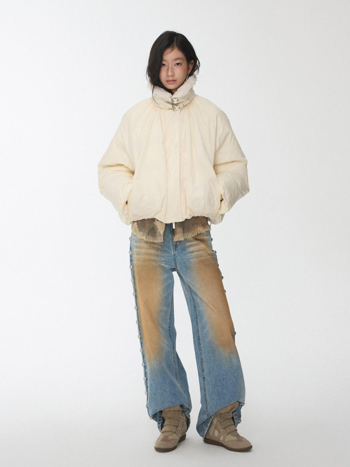1JINN STUDIO 90 Percent White Duck Down Warm Straight Fit Pleated Commuter Puffer Jackets