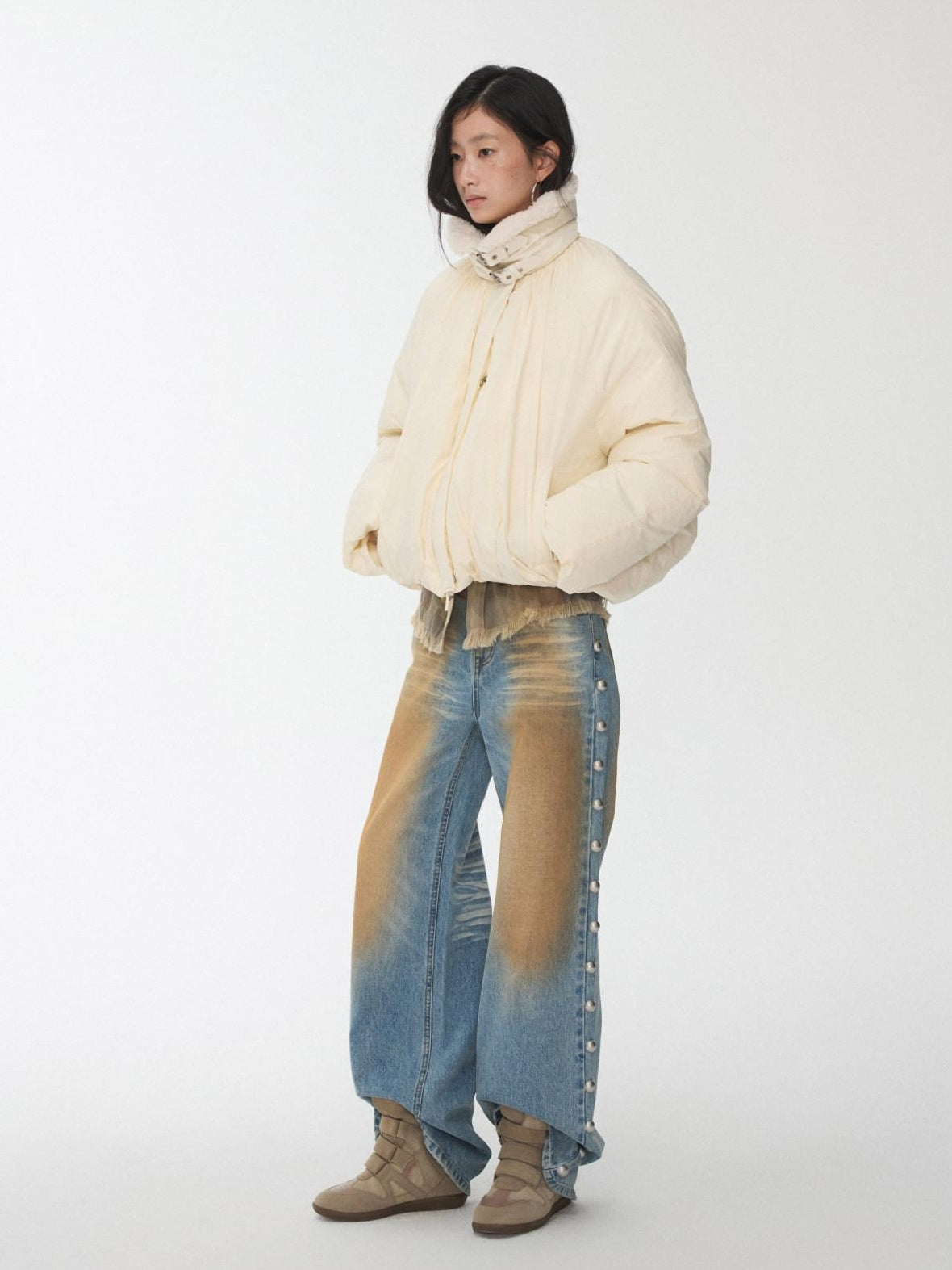 1JINN STUDIO 90 Percent White Duck Down Warm Straight Fit Pleated Commuter Puffer Jackets