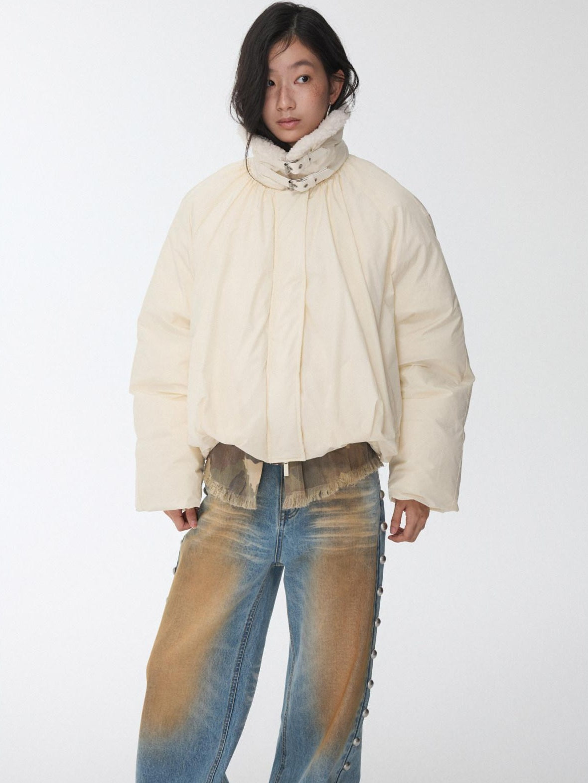 1JINN STUDIO 90 Percent White Duck Down Warm Straight Fit Pleated Commuter Puffer Jackets