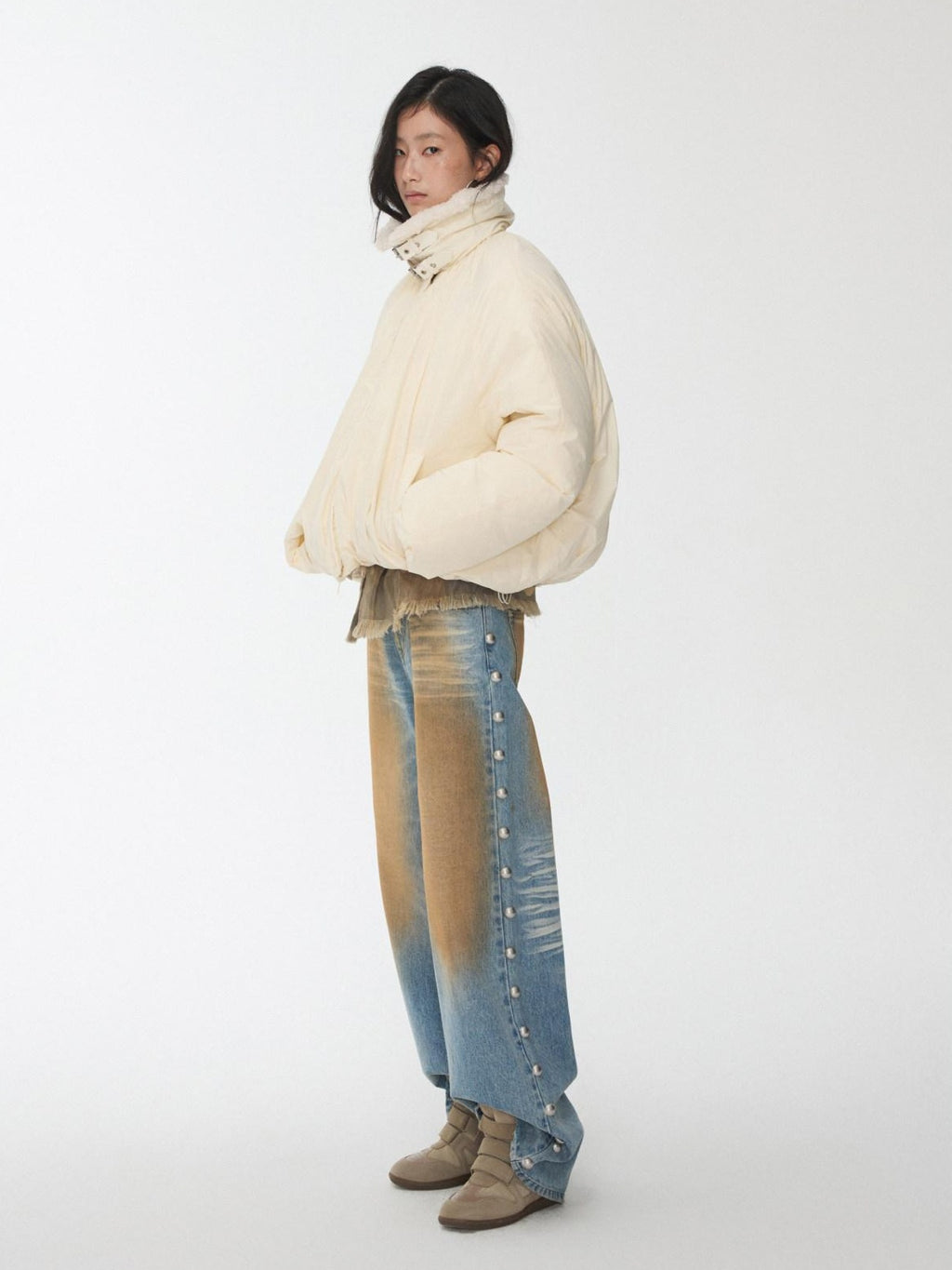 1JINN STUDIO 90 Percent White Duck Down Warm Straight Fit Pleated Commuter Puffer Jackets