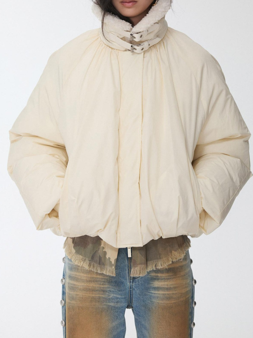 1JINN STUDIO 90 Percent White Duck Down Warm Straight Fit Pleated Commuter Puffer Jackets