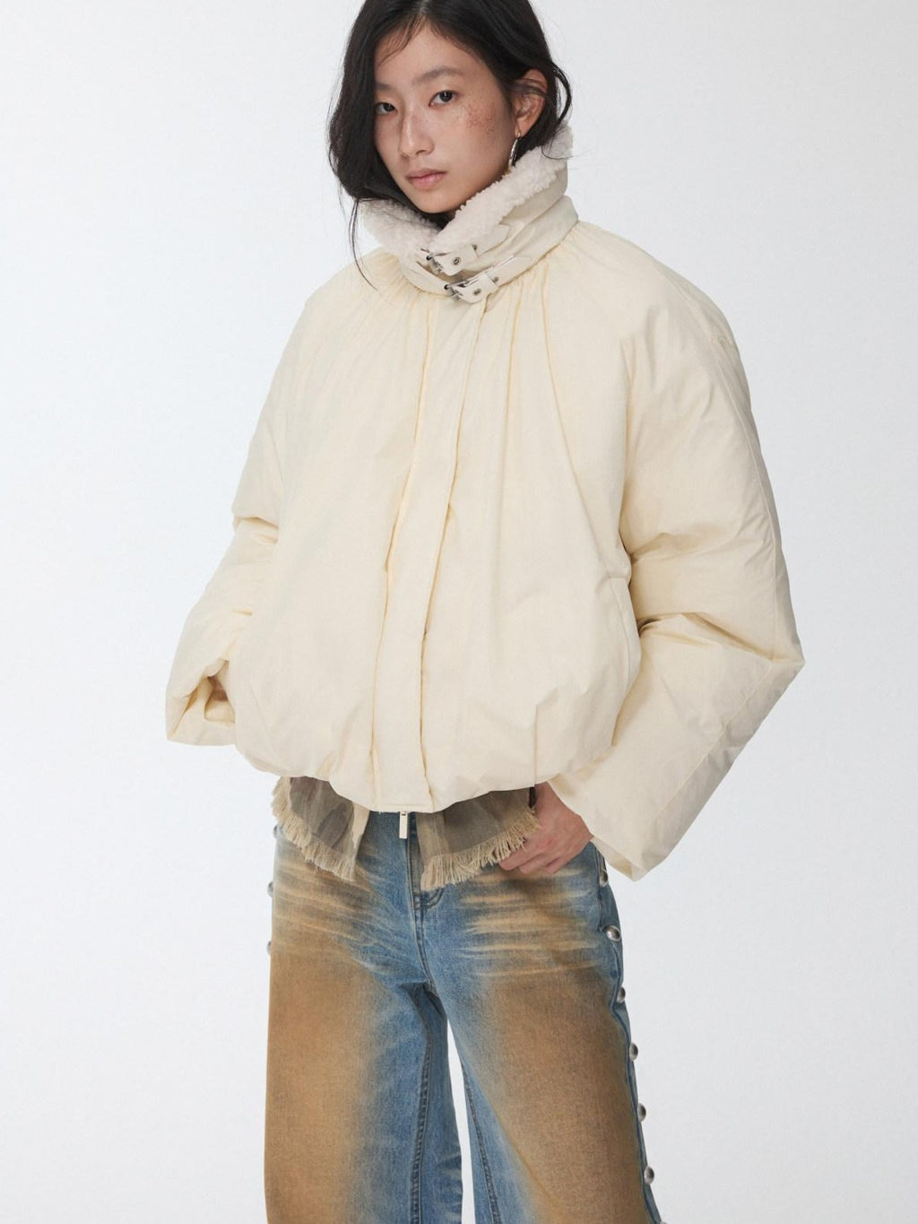 1JINN STUDIO 90 Percent White Duck Down Warm Straight Fit Pleated Commuter Puffer Jackets
