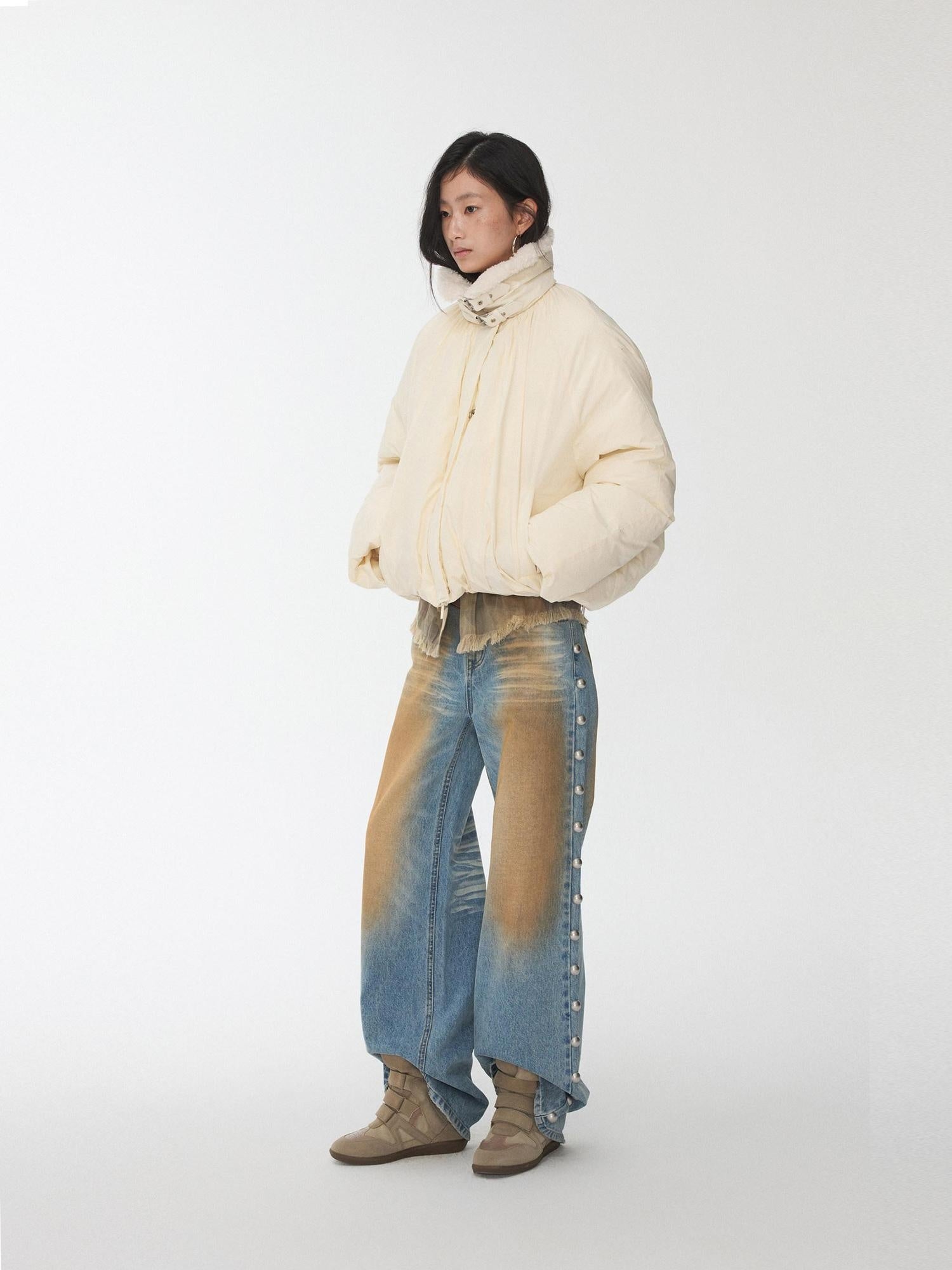1JINN STUDIO 90 Percent White Duck Down Warm Straight Fit Pleated Commuter Puffer Jackets