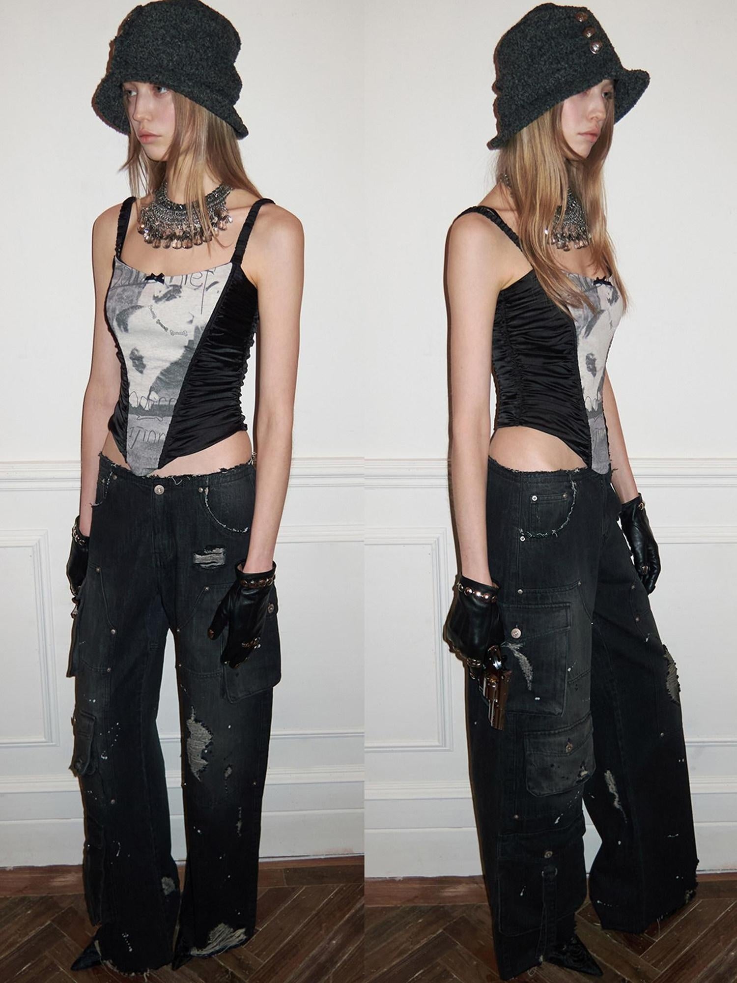 1JINN STUDIO 98% Cotton Low Rise Utility Multi Pocket Black Women Straight Leg Jeans